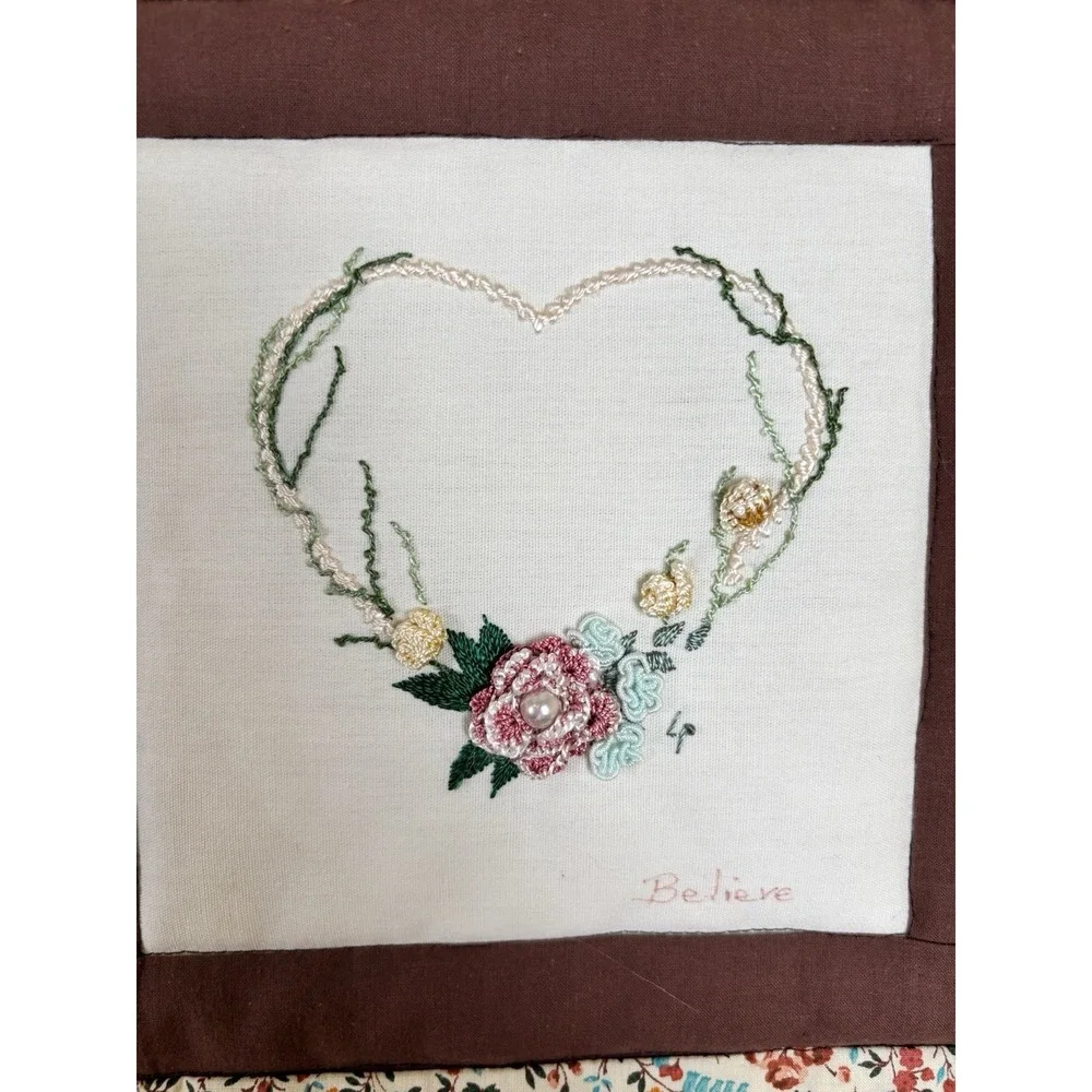 Vintage 70s Small Quilted & Embroidered Wall Hanging Hearts Brown‎ Floral